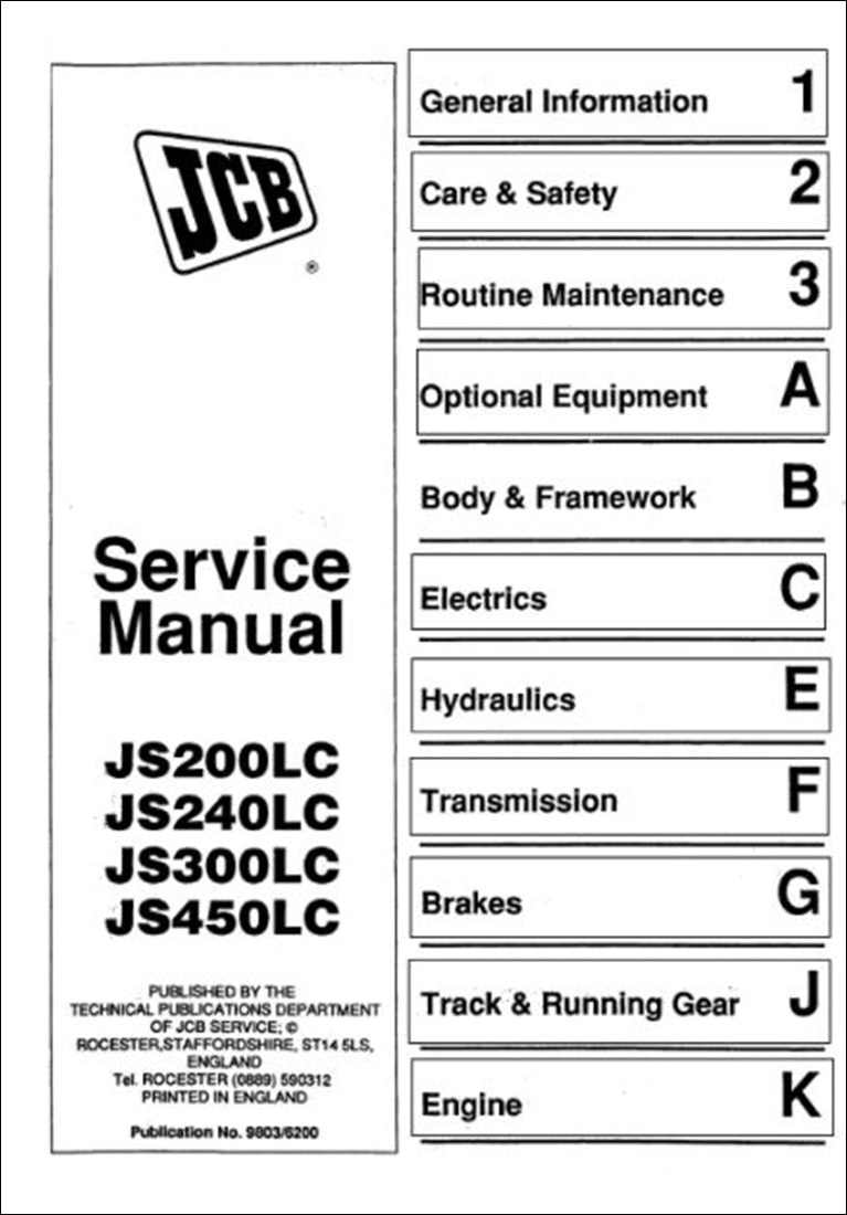 Manual de serviço da escavadeira JCB JS200LC, JS240LC, JS300LC, JS450LC