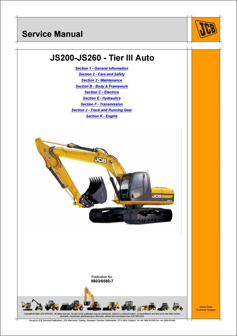 Manual de serviço da escavadeira JCB JS200, JS220, JS235, JS240, JS260 Tier 3