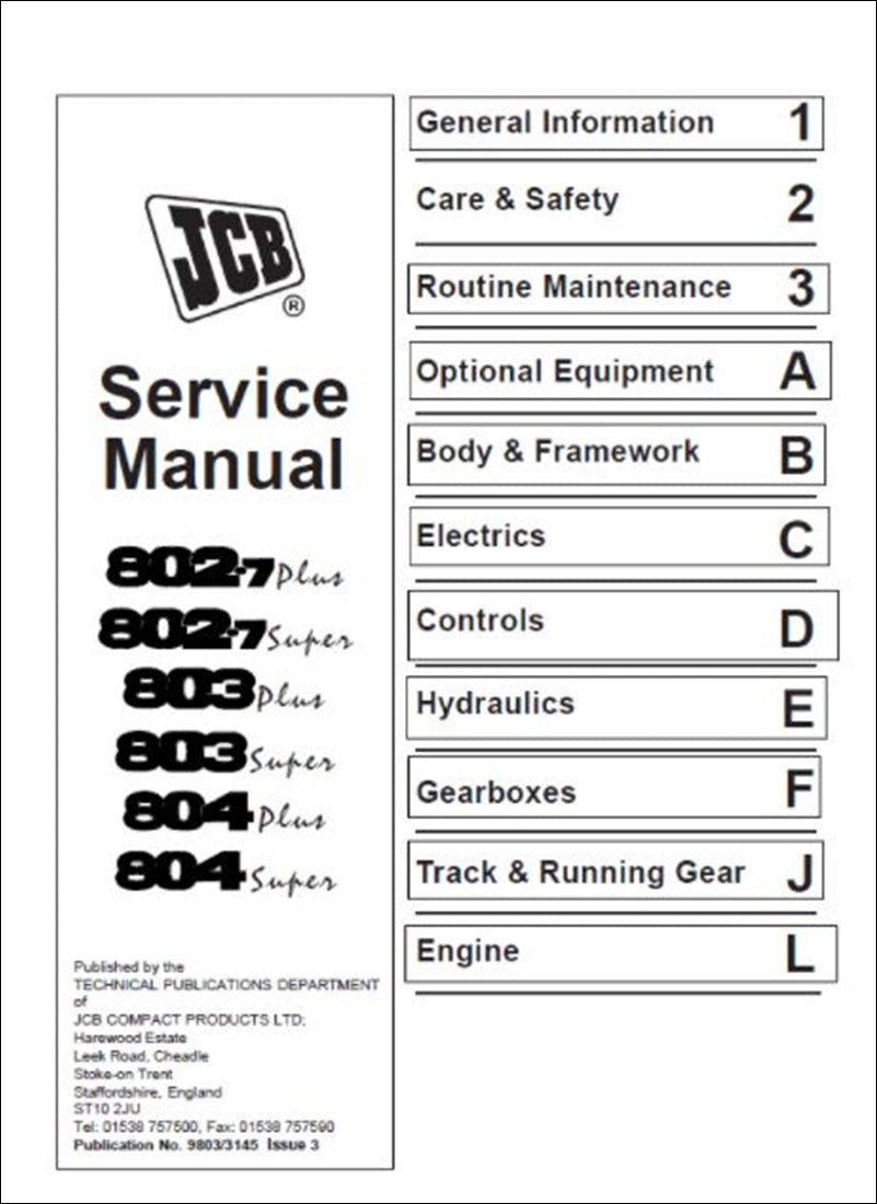Manual de Serviço da Escavadeira JCB 802-7, 803, 804 Plus e Super Mini