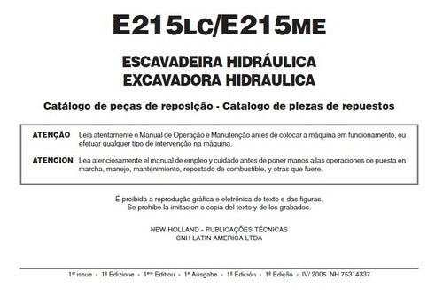 Catálogo De Peças New Holland E215lc Escavadeira