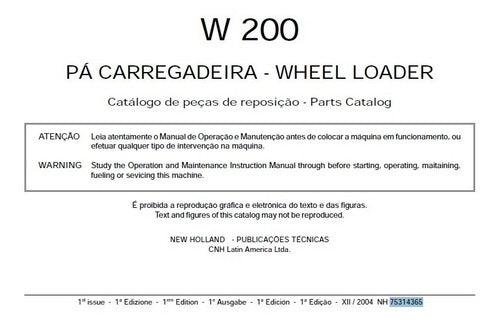 Catálogo De Peças New Holland W200 Pá Carregadeira