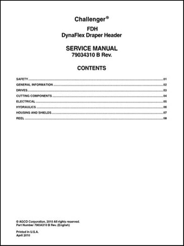 Manual de Serviço CHALLENGER - Plataforma de Esteira FDH DynaFlex - Colhetadeira