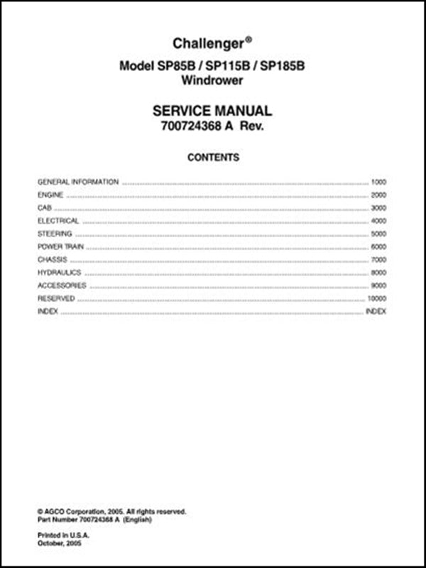 Manual de serviço CHALLENGER - SP85B\SP115B\SP185B Windrower
