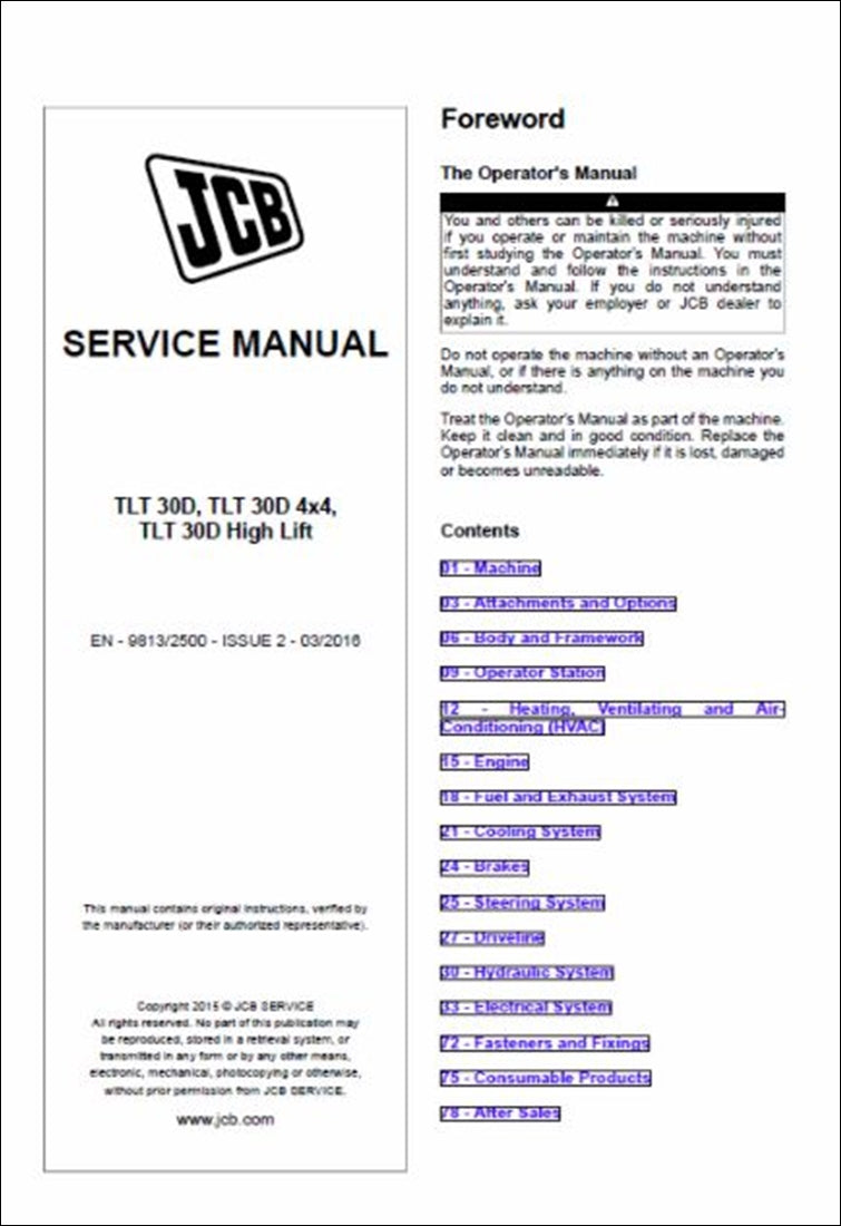 Manual de serviço de teletransporte JCB TLT 30D, TLT 35D 4×4, TLT 30D High Lift