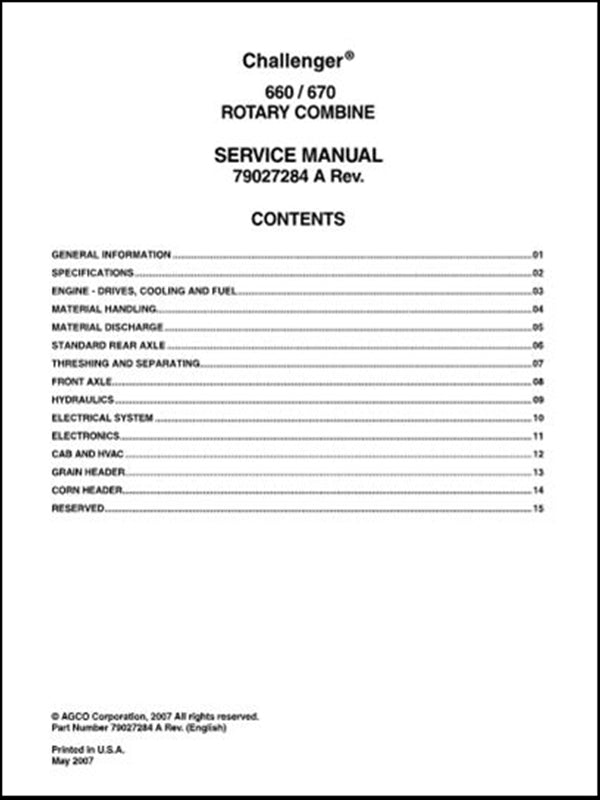Service Manual CHALLENGER - 660\670 Rotary Combine - Colhetadeira