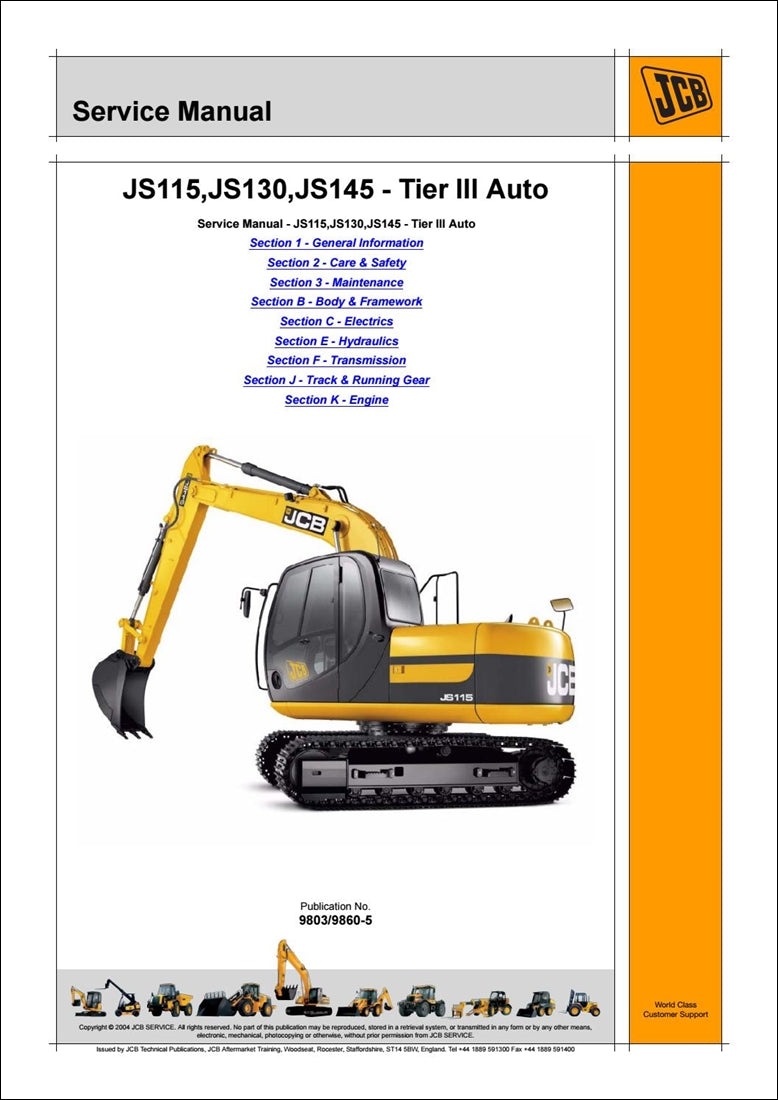 Manual de serviço da escavadeira automática JCB JS115, JS130, JS145 Tier 3