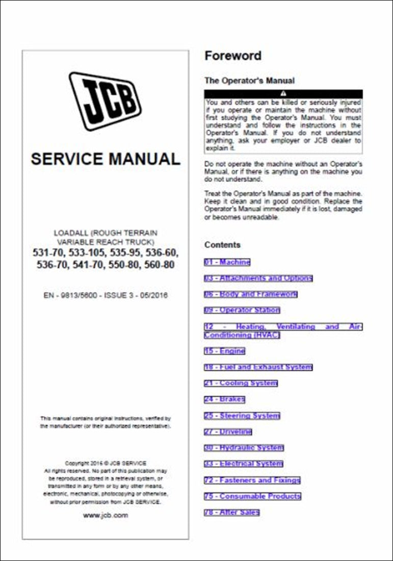 Manual De Serviço JCB 531-70, 533-105, 535-95, 536-60, 536-70, 541-70, 550-80, 560-80 Loadall