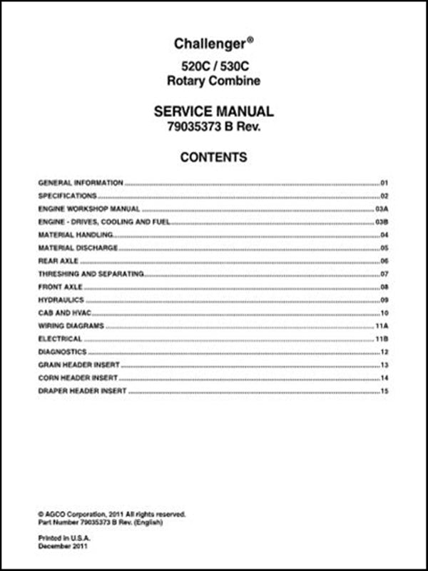 Manual de Serviço CHALLENGER - 520C-530C ROTATIVO COMBINE - Colhetadeira
