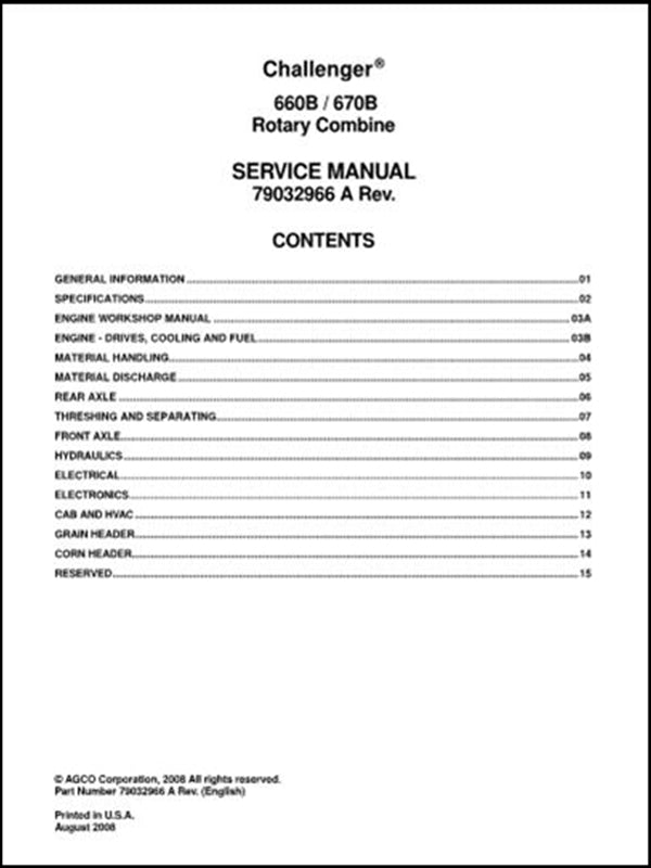 Service Manual CHALLENGER - 660B\670B Rotary Combine - Colhetadeira
