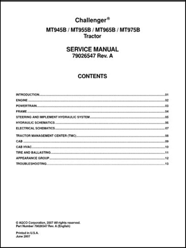 Manual de serviço CHALLENGER - MT945B,MT955B,MT965B,MT975B - Tratores