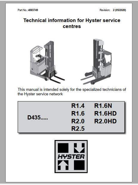 MANUAL DE SERVIÇOS DE OFICINA PDF EMPILHADEIRAS R1.4, R1.6,R2.0, R2.5 - HYSTER