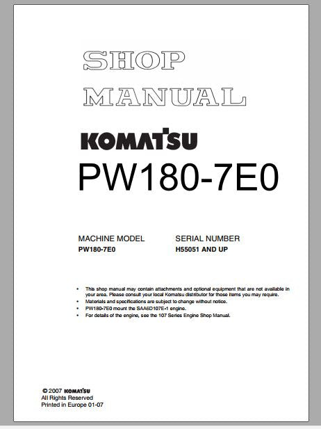 MANUAL DE SERVIÇOS DE OFICINA PDF ESCAVADEIRA PW180-7E0 - KOMATSU