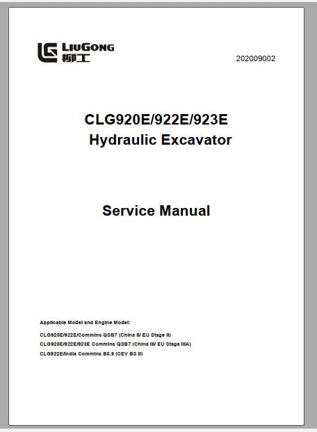 MANUAL DE SERVIÇOS DE OFICINA PDF ESCAVADEIRAS CLG920E-922E-923E - LIUGONG