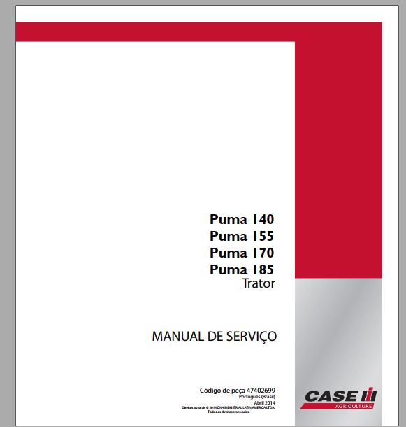 MANUAL DE SERVIÇOS DE OFICINA PDF TRATORES PUMA 140, 155, 170, 185 - CASE