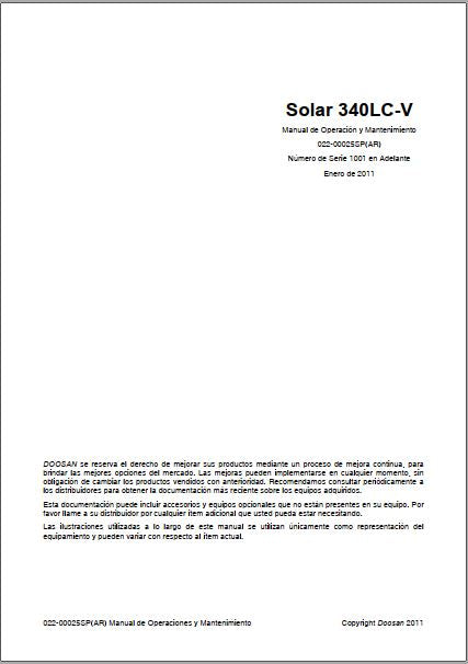 MANUAL DE OPERAÇÃO E MANUTENÇÃO PDF ESCAVADEIRA SOLAR 340LC-V 2011 - DOOSAN
