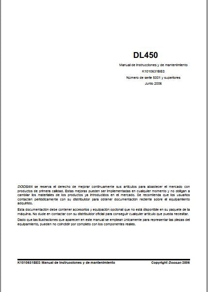 MANUAL DE OPERAÇÃO E MANUTENÇÃO PDF PÁ CARREGADEIRA DL450 - DOOSAN