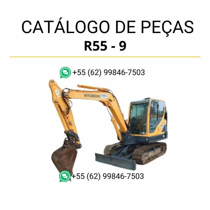 Catálogo de peças Hyundai R55-9 em PDF com ilustrações técnicas detalhadas e lista completa de componentes originais da escavadeira.