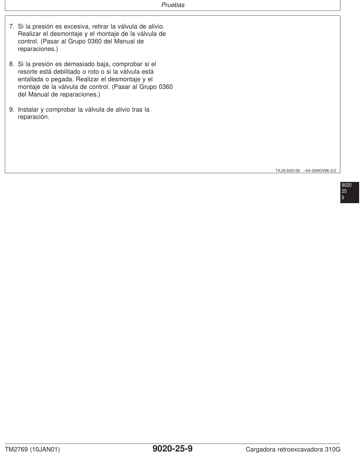 Manual Elétrico/Hidráulico John Deere 310G — procedimento de serviço (página interna do PDF)