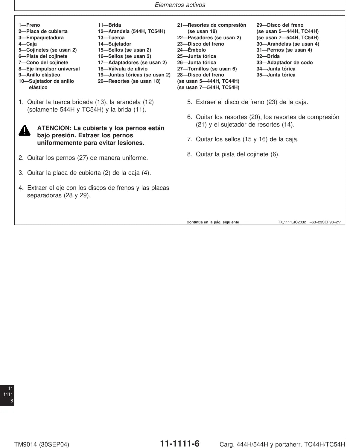 Manual de Serviço John Deere 444H · 544H · TC44H · TC54H — tabela/esquema técnico (página interna do PDF)
