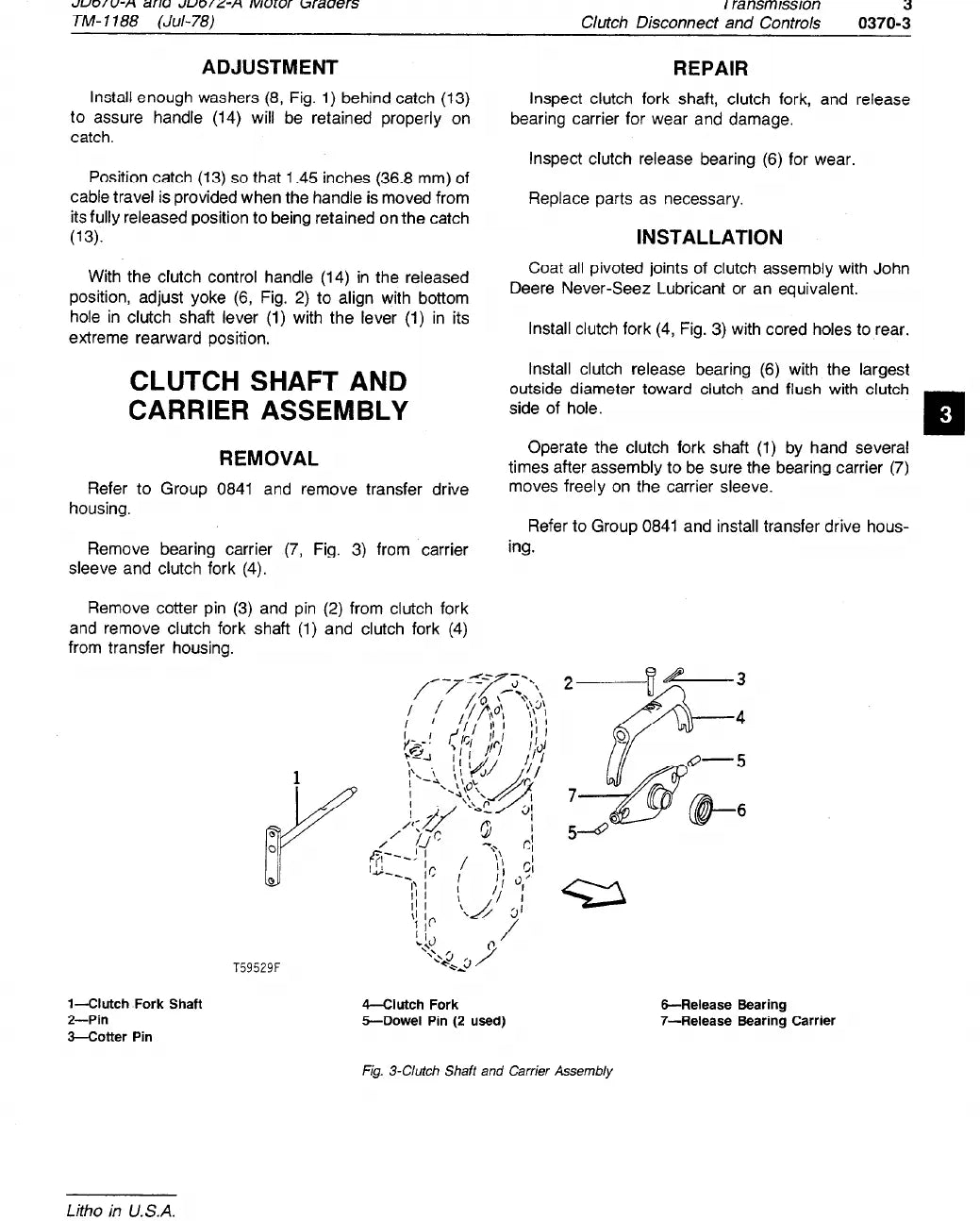 Manual de Serviço John Deere 670A · 672A — tabela/esquema técnico (página interna do PDF)