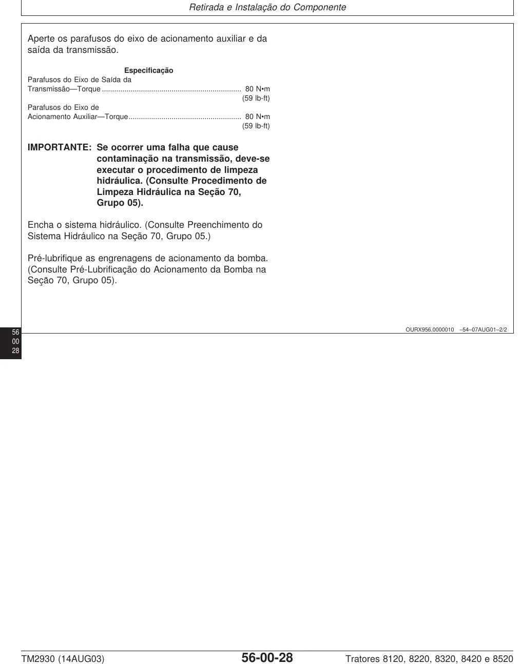 Manual de Serviço John Deere 8120 · 8220 · 8320 · 8420 · 8520 — tabela/esquema técnico (página interna do PDF)