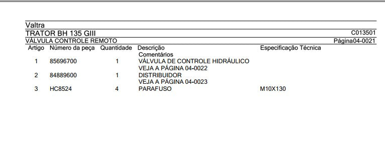 Catálogo De Peças Valtra - BH 135 GIII - Trator