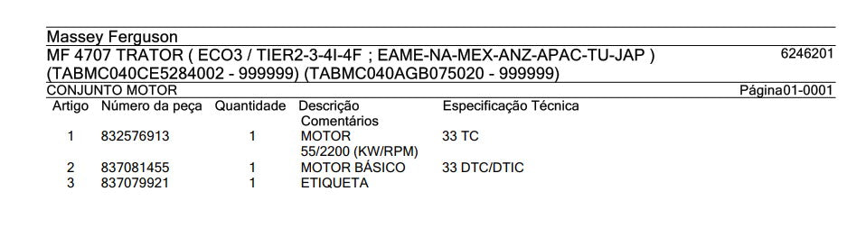 Catalogo De Peças MASSEY FERGUSON - MF 4707 - Trator