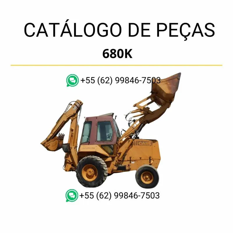 Catálogo de peças CASE 680K em PDF com diagramas técnicos e identificação detalhada dos componentes da retrocarregadeira 1984–1988.