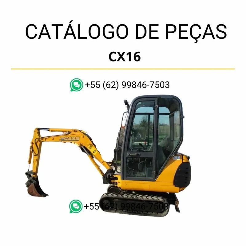 Catálogo de peças CASE CX16 em PDF, com ilustrações técnicas precisas e identificação completa dos componentes da mini-escavadeira.