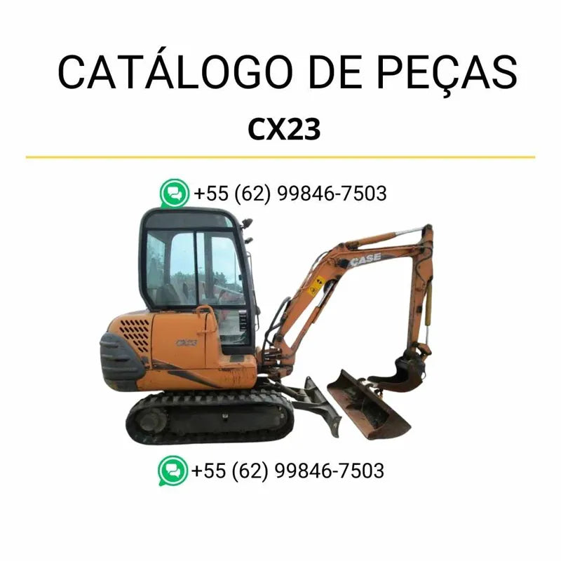 Catálogo de peças CASE CX23 em PDF, com diagramas detalhados e identificação completa dos componentes da mini-escavadeira.