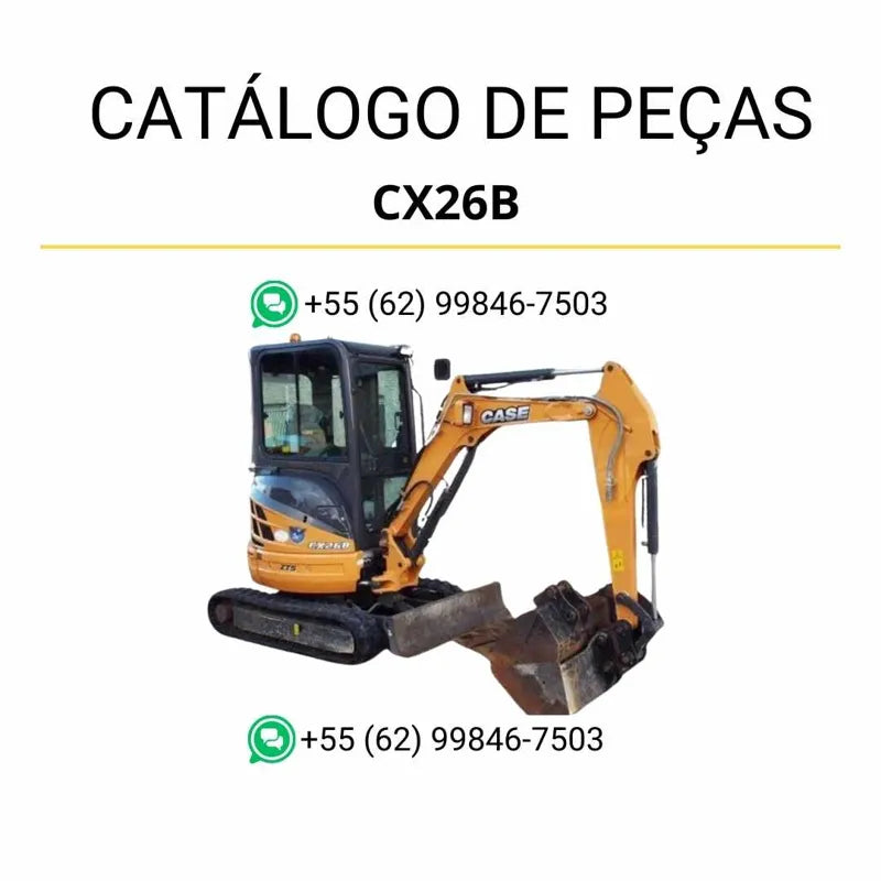 Catálogo de peças CASE CX26B Series 2 em PDF, com ilustrações técnicas e identificação completa dos componentes da mini-escavadeira.