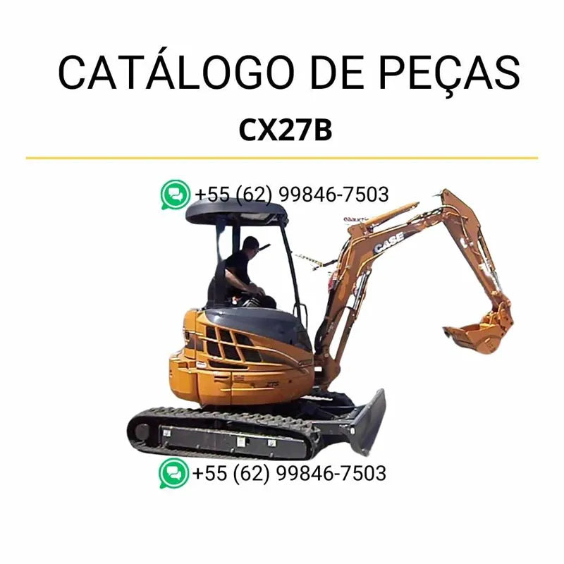 Catálogo de peças CASE CX27B em PDF, com ilustrações técnicas e identificação completa dos componentes da mini-escavadeira.