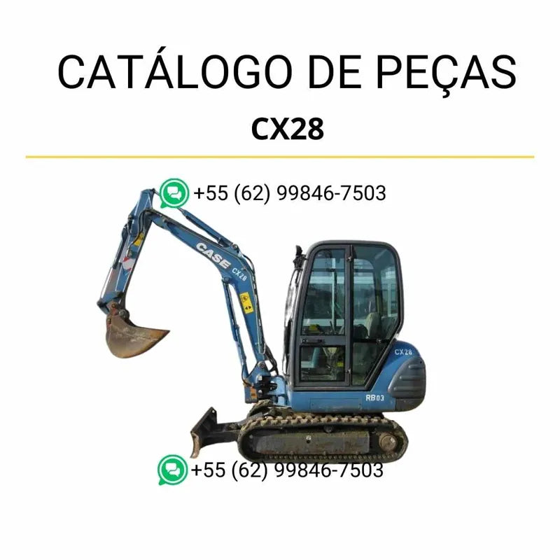Catálogo de peças CASE CX28 em PDF, com ilustrações técnicas detalhadas e componentes completos da mini-escavadeira.