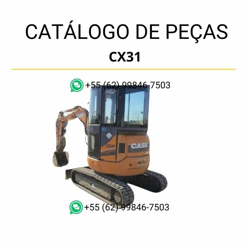 Catálogo de peças CASE CX31 em PDF, com vistas explodidas e identificação completa dos componentes da mini-escavadeira.