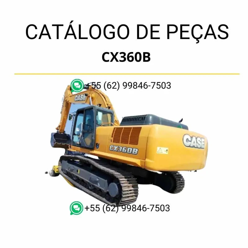 Catálogo de peças Case CX360B TIER III em PDF, com ilustrações técnicas detalhadas, identificação de componentes e vistas explodidas da escavadeira.