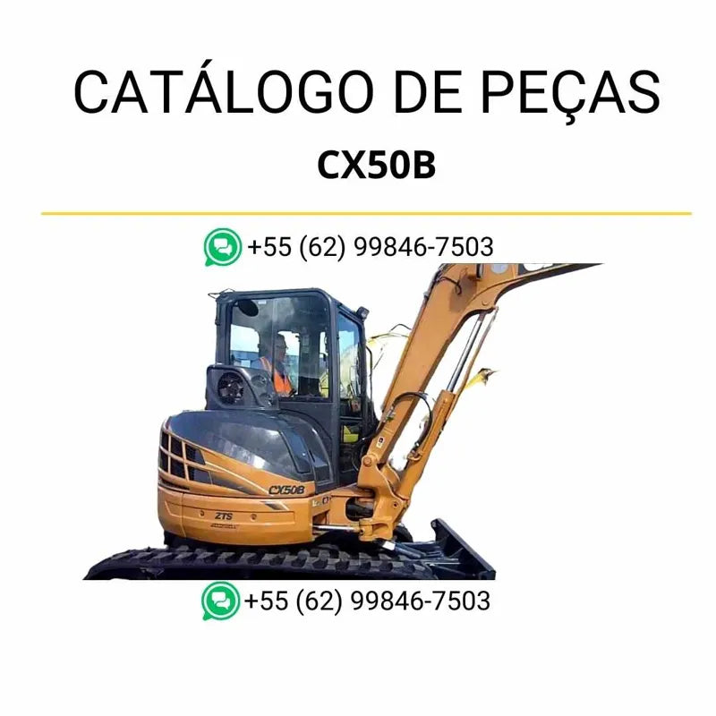 Catálogo de peças CASE CX50B em PDF, com diagramas técnicos e identificação detalhada dos componentes da mini-escavadeira.