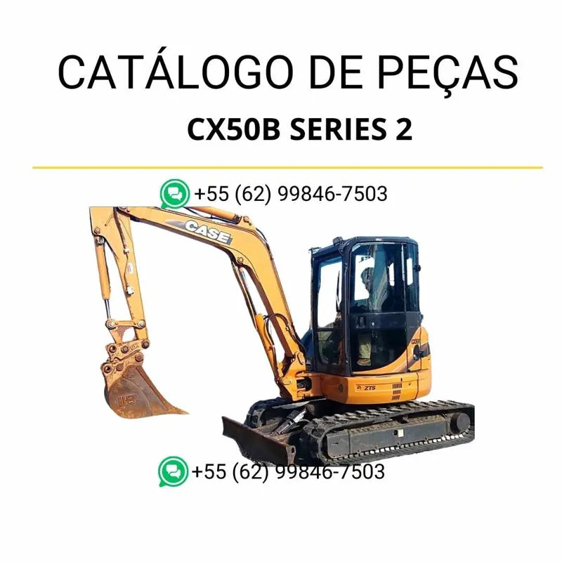 Catálogo de peças CASE CX50B Series 2 em PDF, com diagramas técnicos e identificação completa dos componentes da mini-escavadeira.