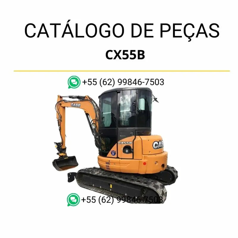 Catálogo de peças CASE CX55B em PDF, com ilustrações técnicas e identificação detalhada dos componentes da mini-escavadeira.