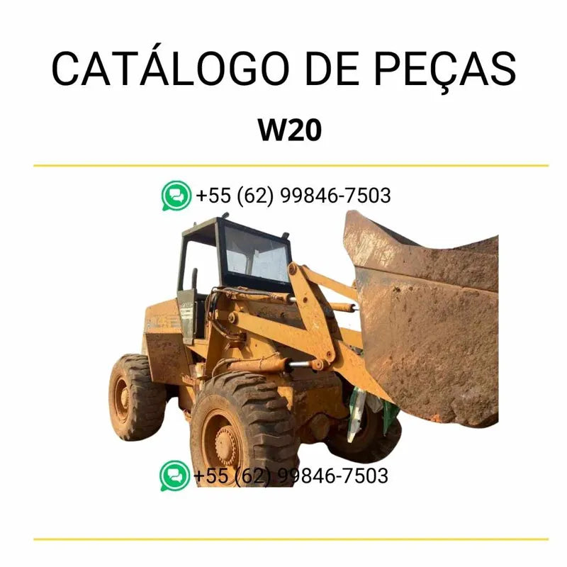 Catálogo de peças da carregadeira Case W20 (1971–1983) em PDF, com ilustrações detalhadas e lista completa de componentes originais para manutenção e reposição.