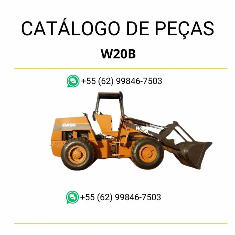Catálogo de peças da carregadeira Case W20B (1981–1993) em PDF, com diagramas detalhados e lista completa de componentes originais para manutenção técnica.