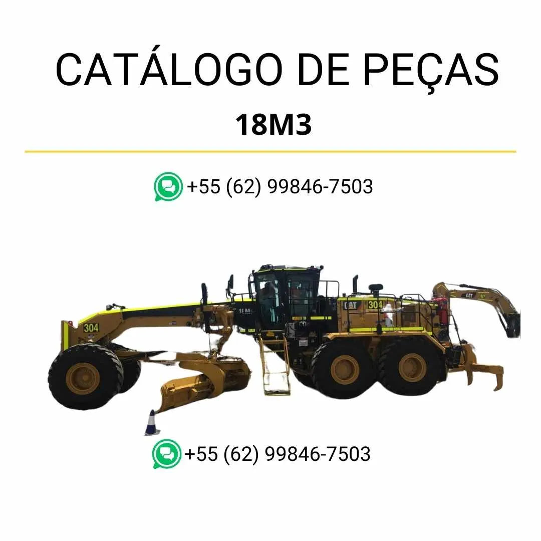 Catálogo de peças Caterpillar 18M3 motoniveladora em PDF com ilustrações detalhadas e lista completa de componentes originais.