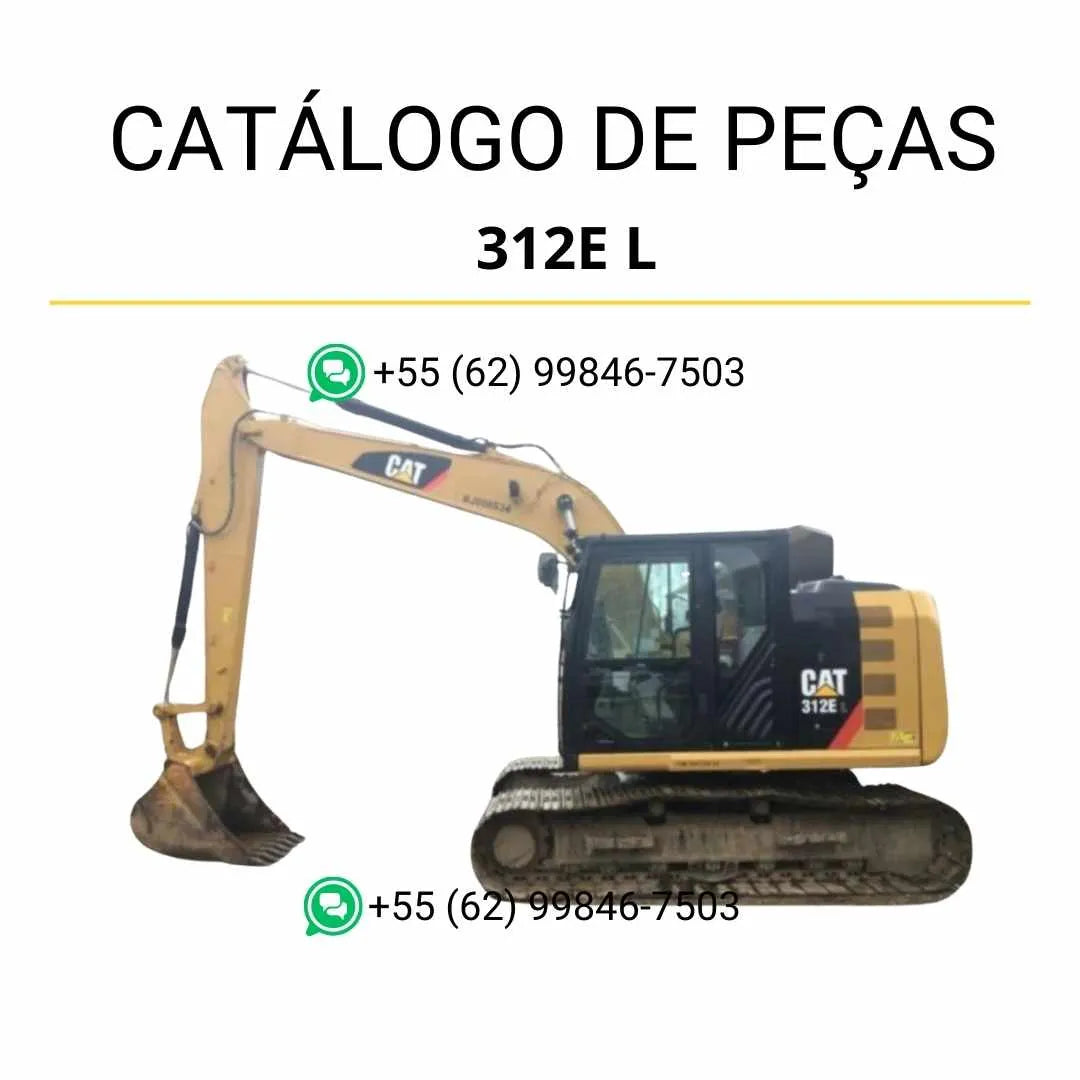 Catálogo de peças Caterpillar 312E L em PDF, com ilustrações técnicas e lista detalhada de componentes originais da escavadeira.
