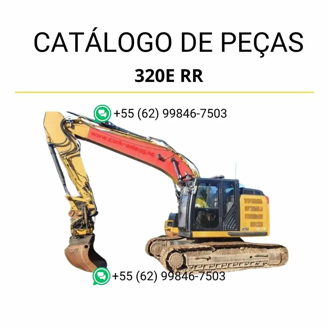 Catálogo de peças Caterpillar 320E RR em PDF com diagramas técnicos detalhados e lista completa de componentes originais da escavadeira.