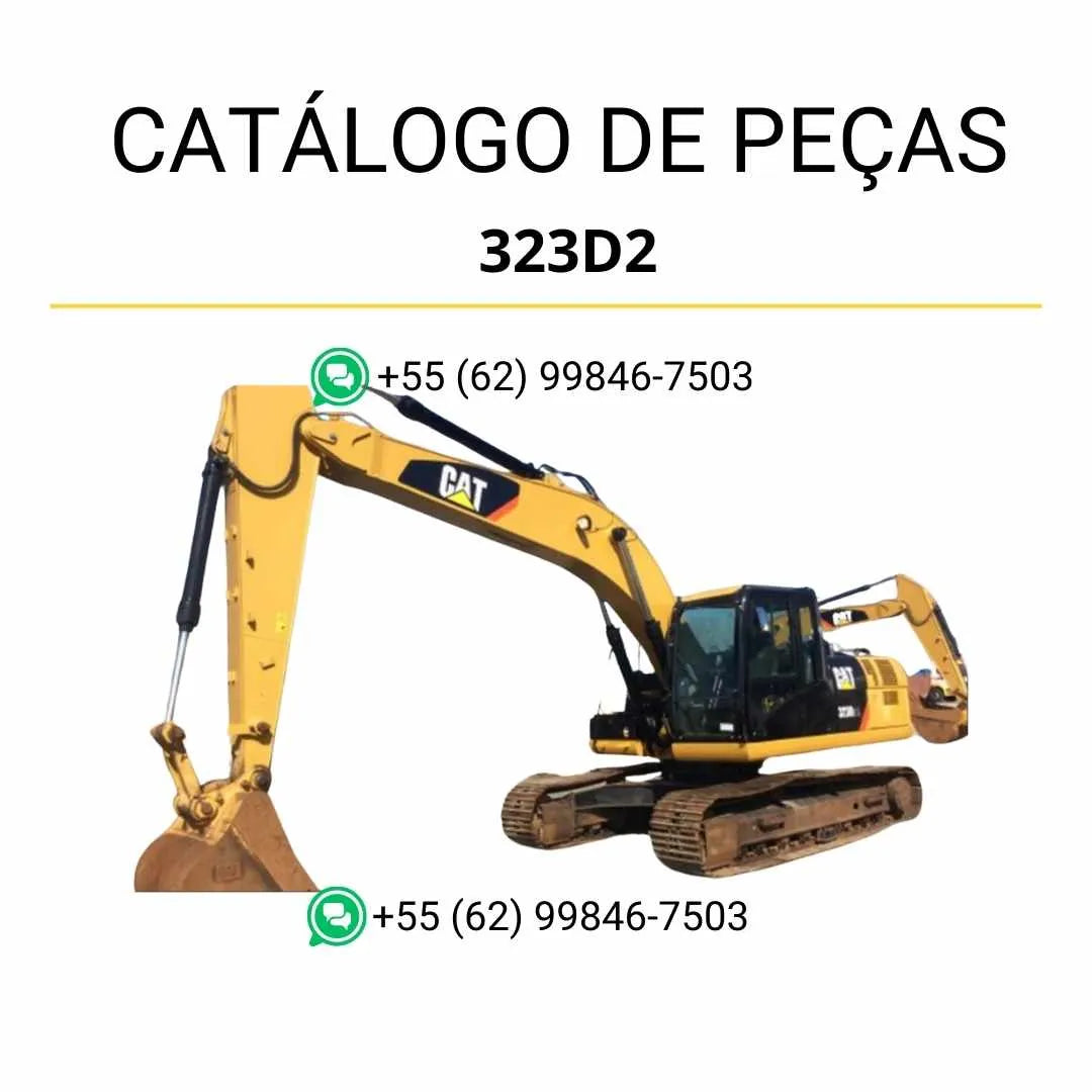 Catálogo de peças Caterpillar 323D2 em PDF com ilustrações detalhadas e referências completas dos componentes originais da escavadeira.