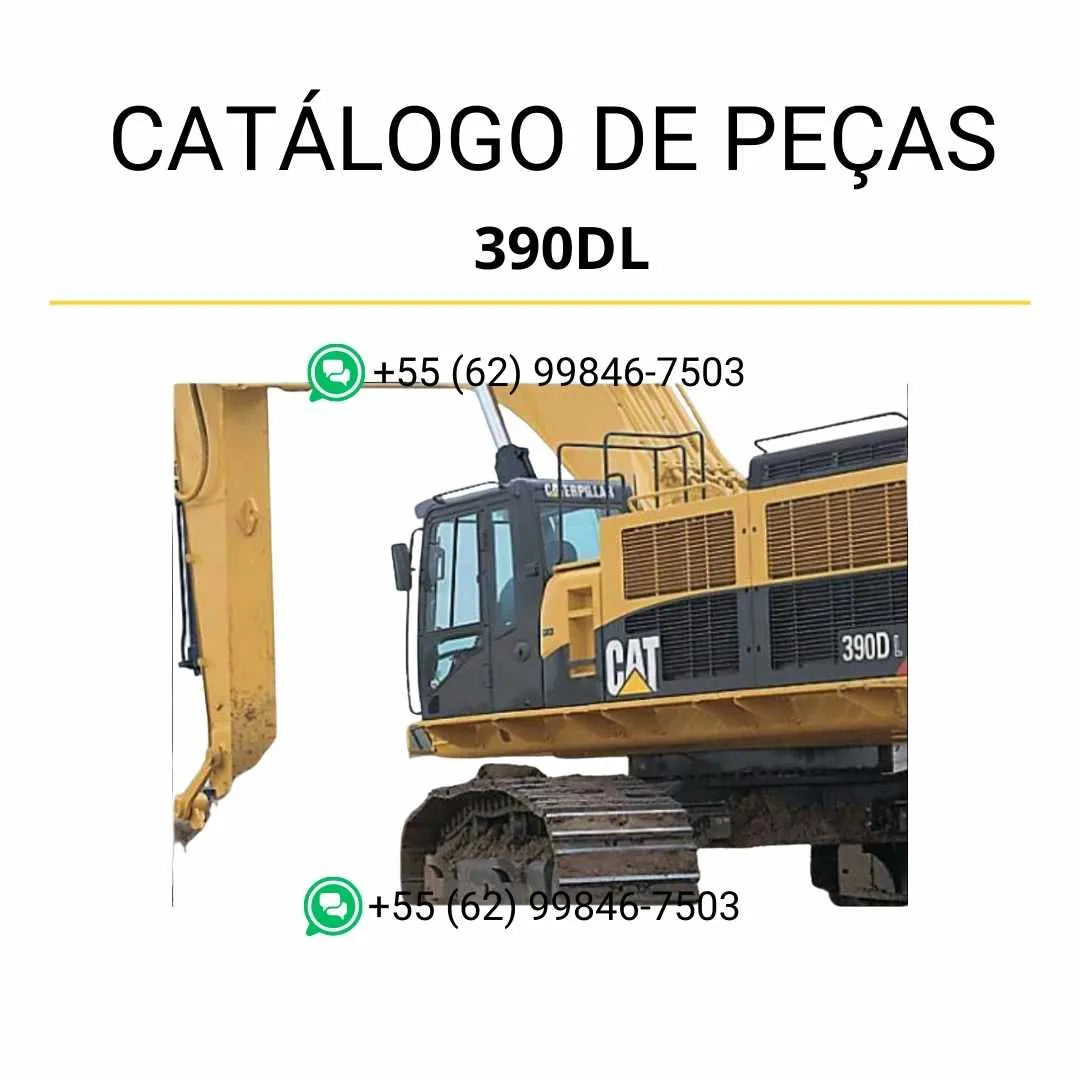 Catálogo de peças Caterpillar 390DL em PDF com ilustrações técnicas detalhadas e identificação precisa de componentes originais da escavadeira.