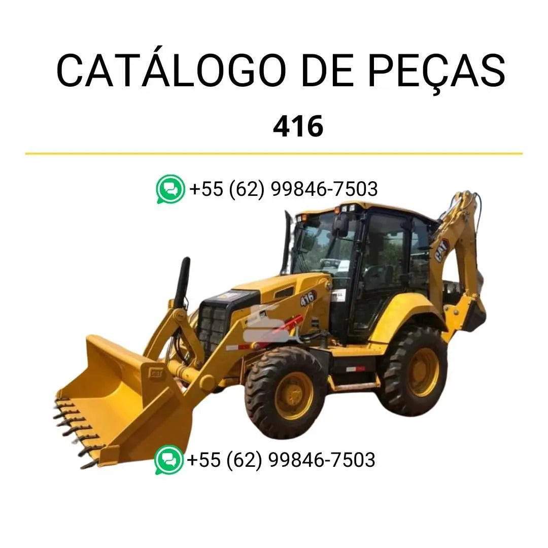 Catálogo de peças Caterpillar 416 em PDF com diagramas ilustrados da retroescavadeira e relação completa de componentes originais.