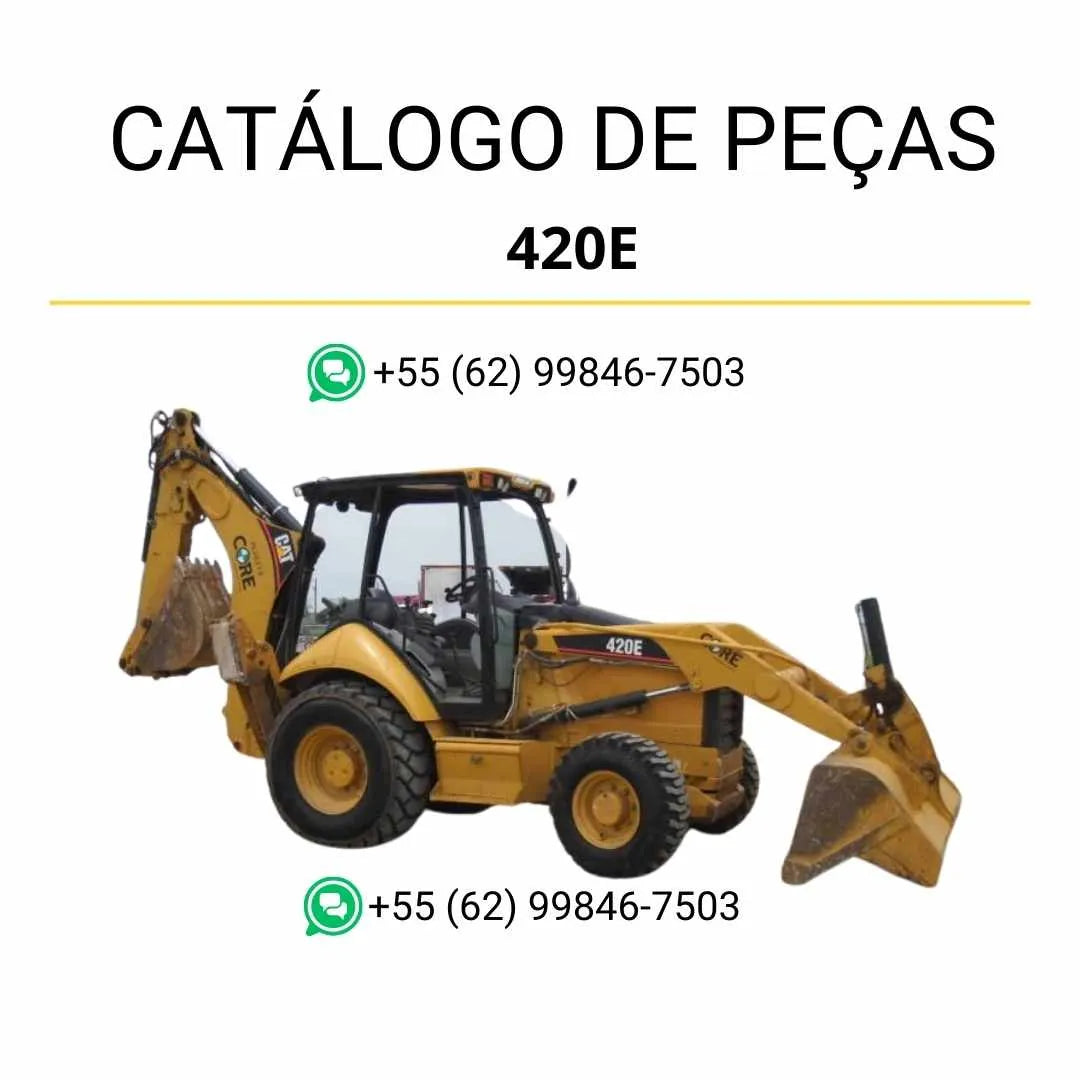 Catálogo de peças Caterpillar 420E em PDF com diagramas técnicos detalhados, vistas explodidas e lista completa de componentes originais da retroescavadeira.
