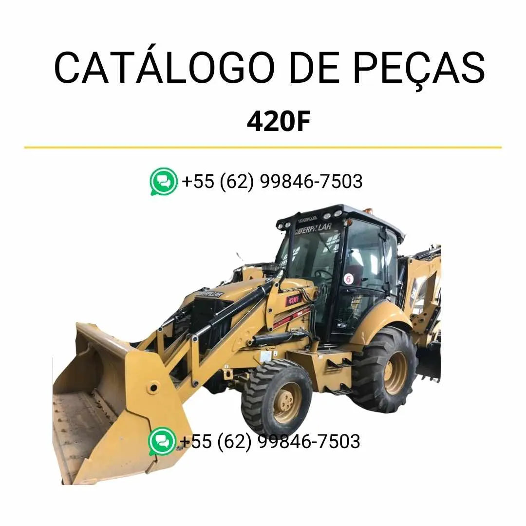 Catálogo de peças Caterpillar 420F em PDF com ilustrações técnicas completas, códigos originais e identificação detalhada dos componentes da retroescavadeira.