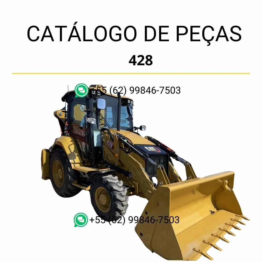 Catálogo de peças Caterpillar 428 em PDF com ilustrações técnicas detalhadas e lista completa de componentes originais da retroescavadeira.