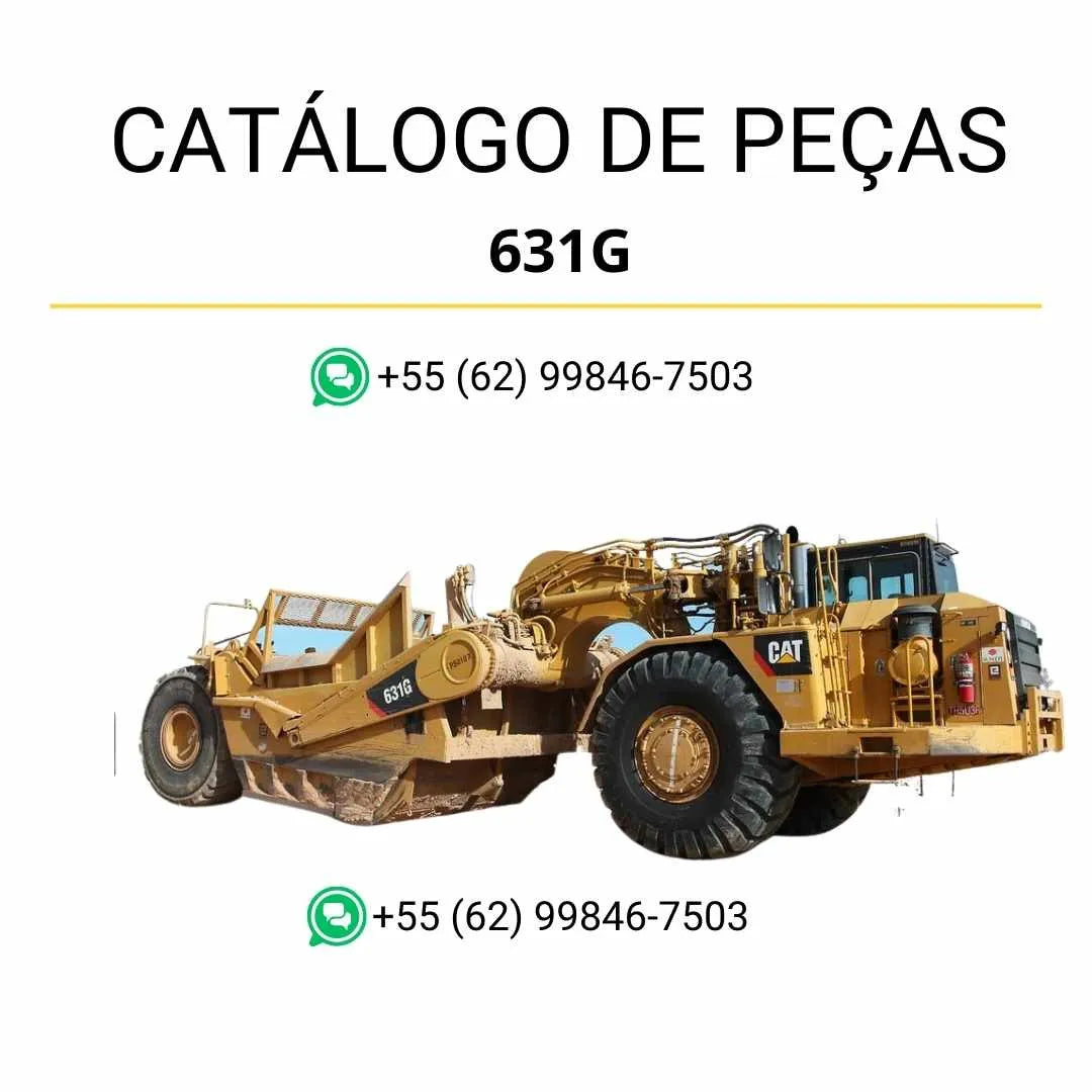 Catálogo de peças Caterpillar 631G em PDF com diagramas técnicos detalhados do raspador de rodas e lista completa de componentes originais.